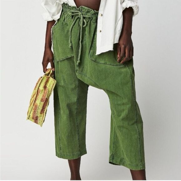 Free People Runyon Distressed Green Drawstring Cropped Pants Boho - Picture 2 of 15